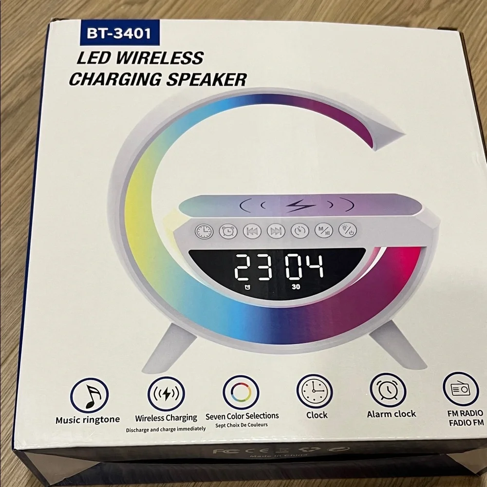 BT-3401 LED Wireless Charging Speaker with Clock - White